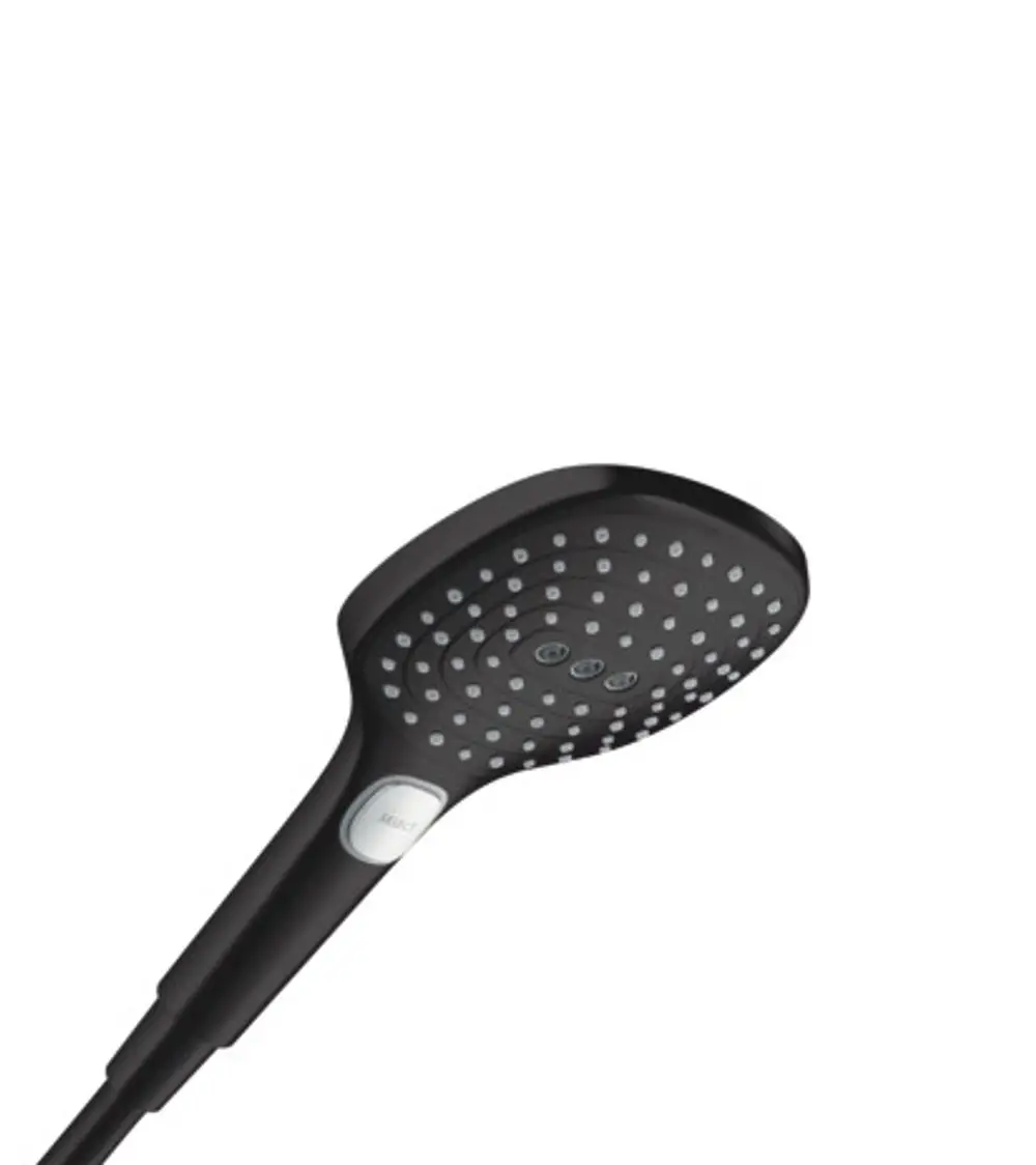 Schwarze Handbrause mit rundem Kopf und verschiedenen Strahlarten. Die Brause verfügt über einen Selektorknopf und ein modernes Design, hergestellt von Hansgrohe.